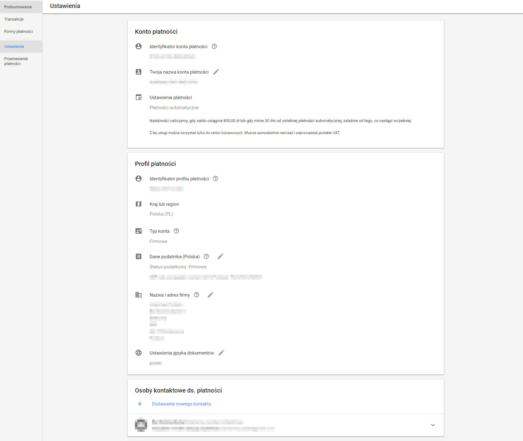 Ekran wypełniania danych do faktur i płatności Google Ads
