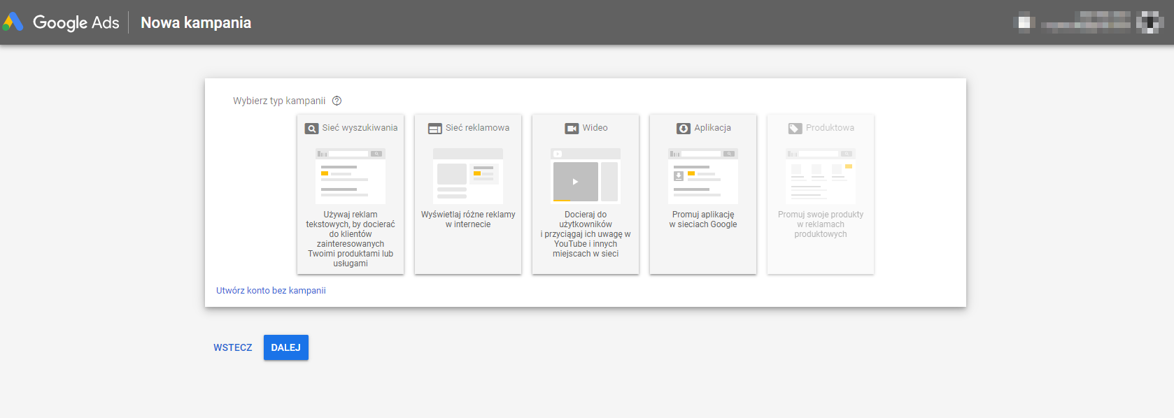 Panel z wyborem typu kampanii reklamowej