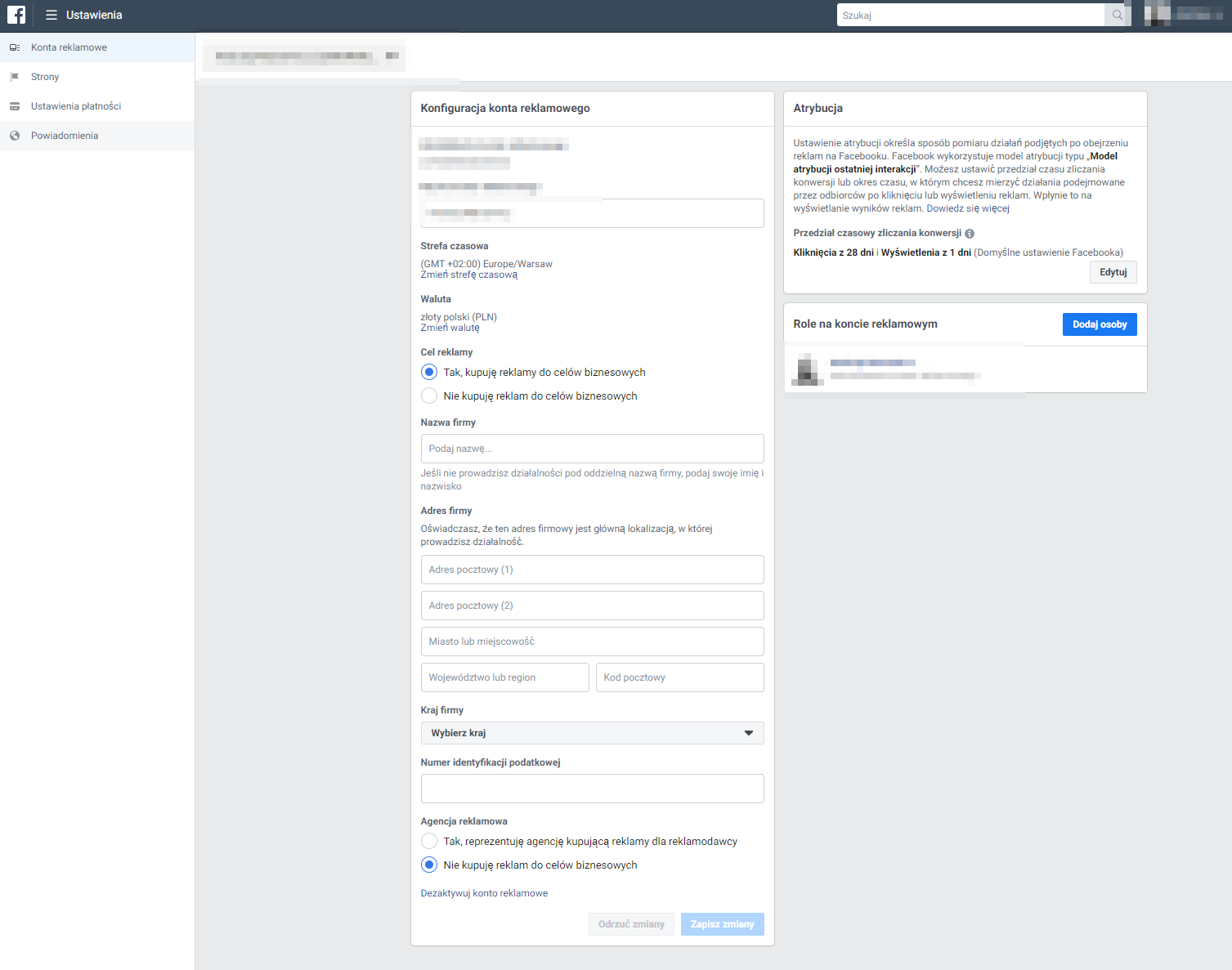 Szczegółowe informacje o koncie reklamowym na facebooku