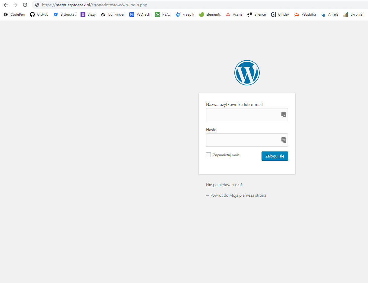 Zrzut ekranu z wejścia do panelu WordPressa