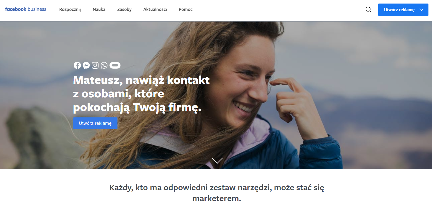 Zrzut ekranu z podstrony "Facebook Business"